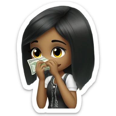 Black hair bratz girl wipes away tears with a banknote sticker