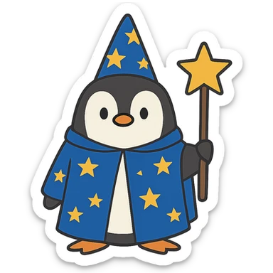 flat toon style penguin wizard with a starry cloak sticker
