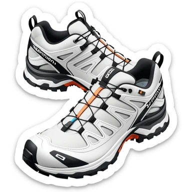 Pair of white Salomon XT-6 Gore-Tex shoes arranged with one slightly behind the other, iOS emoji style with simplified details, technical white hiking shoes with characteristic Quicklace system sticker