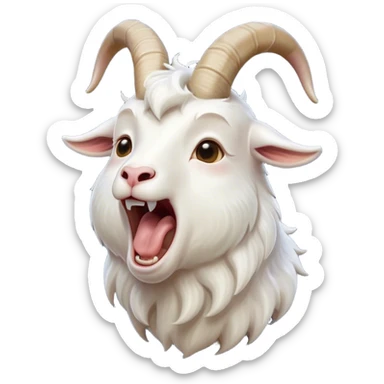 Cinematic Cute Yawning White Goat Portrait Emoji, Head tilted slightly with a dramatic, wide-open yawn, showcasing a soft, downy white fur with delicate horns and gently drooping ears, round eyes barely open in drowsy contentment, Simplified yet irresistibly adorable features, highly detailed, glowing with a soft, cozy glow, high shine, relaxed yet expressive, stylized with a touch of whimsy, bright and endearing, soft glowing outline, capturing the essence of a sleepy yet affectionate goat, so drowsy it feels like it could stretch out of the screen and curl up for a nap! sticker