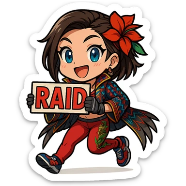 Azucena from Tekken 8 in chibi sticker style, holding a sign that says 'RAID', excited expression, wearing the detailed red and patterned outfit from the reference images, designed for Twitch emote use. sticker