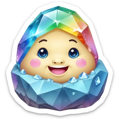 A single pastel rainbow crystal baby rock character, chubby and heavy with a chunky, irregular polygon shape, not egg-shaped, covered in faceted crystal planes and small chips, soft blue face carved into the rock, big glossy rainbow eyes and a small smiling mout sticker