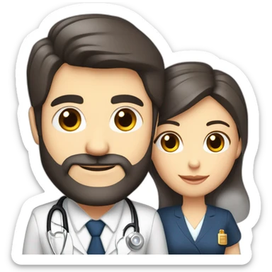 husband classy caucasian executive 55 dark hair trimmed beard wearing business suit holding bible, with wife asian age 55 dark hair wearing nurse uniform sticker