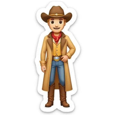 Clash of Clans aesthetic Cheerful Cowboy Portrait Emoji, With a bright, confident smile and a relaxed, adventurous stance, showcasing a stylized, spirited build in a duster coat and classic hat, his face rendered in natural skin tone, Simplified yet expressive features, highly detailed, glowing with a soft, golden western radiance, high shine, upbeat and daring, stylized with an air of classic cowboy allure, soft glowing outline, capturing the essence of a cheerful cowboy ready to gallop into epic adventures! sticker