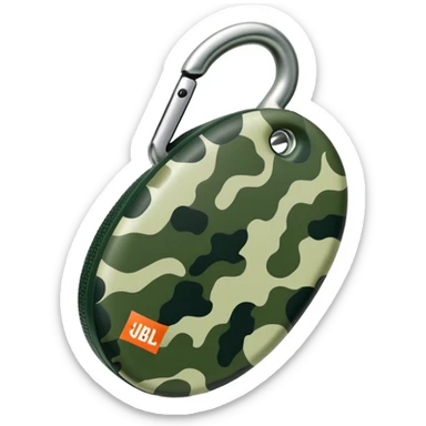 Super simplified JBL Clip 4 speaker, abstract oval shape with tiny carabiner and minimal green camo dots, iOS emoji style sticker