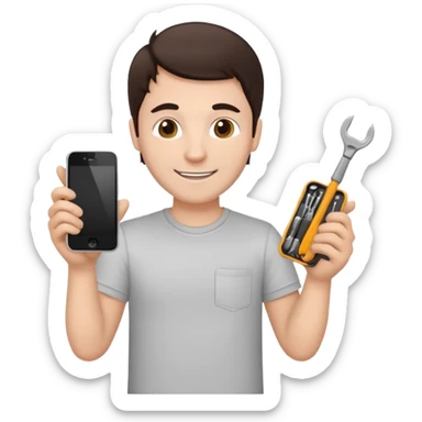make a white guy with dark brown hair, with a simple white o grey shirt, repairing an iphone happy, tecnician with tools sticker