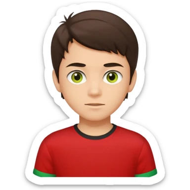 A portrait of a 14-year-old boy, he's got dark-brown hair, light brownish skin and green hazel eyes. he's wearing a red t-sirt with yellow sleeves. sticker