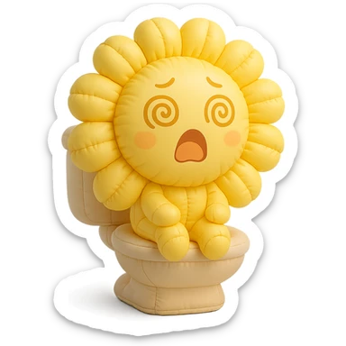 lemon yellow dandelion flower with a shocked face, sitting on a toilet with swirls in the eyes, soft colors, chibi expression sticker