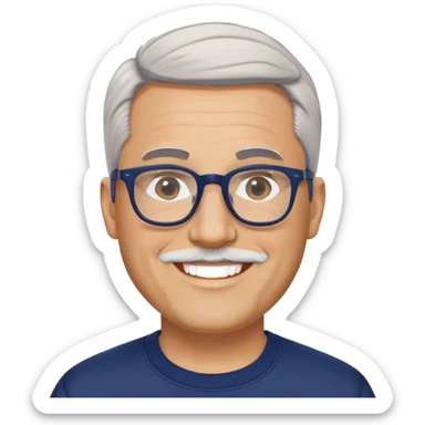 Light-skinned wider-built man with oval face, very close-cut hair (shorter on top, skin fade), short graying beard, big black glasses frames, happy smile, navy blue zip-up sweatshirt with long sleeves sticker