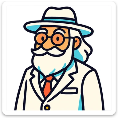 old man with a white hat, long white beard, white moustache, round glasses, white suit, white longish hair, vibrant toon style sticker