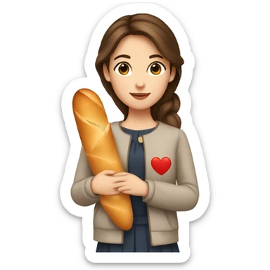 a french girl with brown hair and brown eyes holding a baguette with an emoji heart sticker