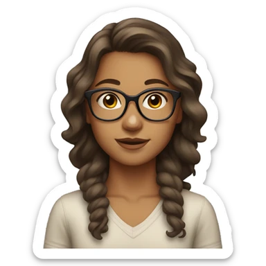 Girl with brown hair and brown eyes and tan skin with clear glasses and wavy hair sticker