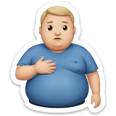 a cartoon fat man holding his stomach wearing t shirt, while looking confused?  sticker
