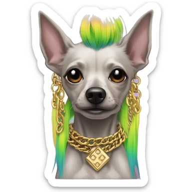 Punk Chinese crested dog neon rainbow hair gold chain punk piercings tattoos punk ear piercings sticker