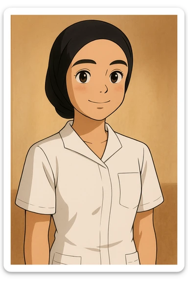 Portrait Ghibli style of a student nurse in a white short-sleeve nursing uniform with a V-neck medical tunic, left chest pocket, no collar stand, no stethoscope, warm indoor ambiance, neutral wall-style background, no clothing under the tunic. sticker