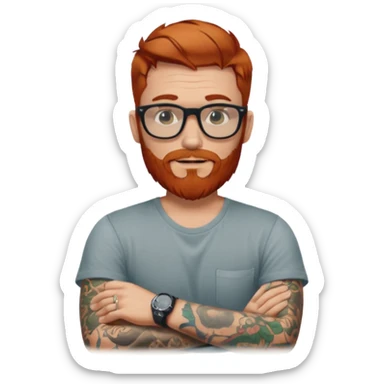 Svelte looking redhead man with sleeve tattoos and a beard and rayban glasses, 38 years old but younger looking sticker