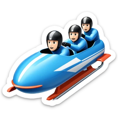 An icon featuring a sleek bobsled with athletes racing down an icy track at high speed, helmets on and bodies aligned for aerodynamics. The scene is set in a stunning snowy mountain valley with pine trees, spectators, and crisp blue sky. Transparent background captures the thrill of bobsleigh. sticker