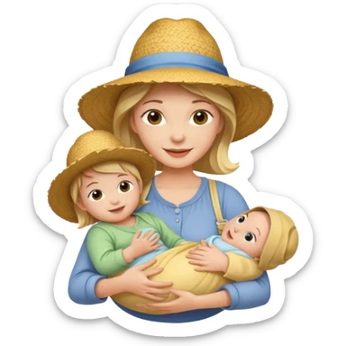 A cheerful mom in a straw hat carrying a baby sticker