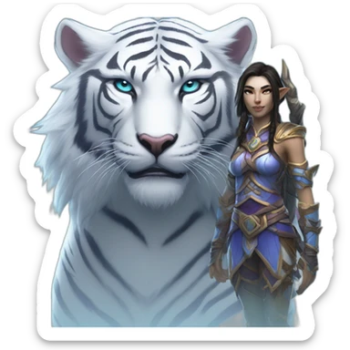 warcraft night elf hunter female next to large white tiger sticker