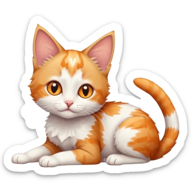 full body of very small + skinny ginger and white kitten with deep orange eyes and triangular shaped face lying down with bent front paws sticker