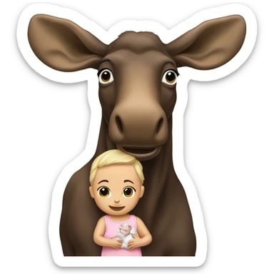 Live moose holding a lifelike baby doll sticker