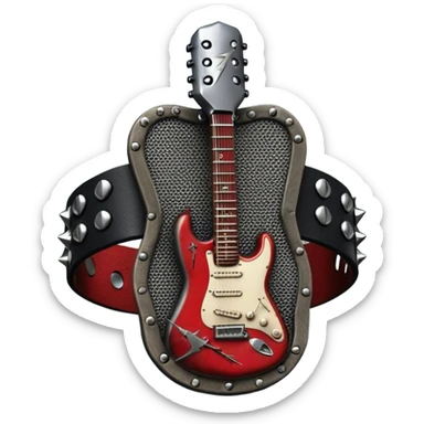 Create a powerful and dynamic humanless emoji representing rock vocals. The design should feature a classic vintage microphone with a rugged, distressed look, surrounded by elements like a guitar pick, electric guitar neck, and sound waves to reflect the raw energy of rock music. Add subtle details such as a spiked bracelet, leather textures, or bold lightning bolts to evoke the rebellious and intense spirit of rock. Use dark, edgy colors like black, red, silver, and metallic accents to emphasize the fierce, loud, and passionate nature of rock vocals. The background should be transparent. sticker