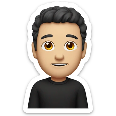 a white serious man with his right arm raised in the air, bent at the elbow, wearing a black sweatshirt with a red dragon, dark hair sticker