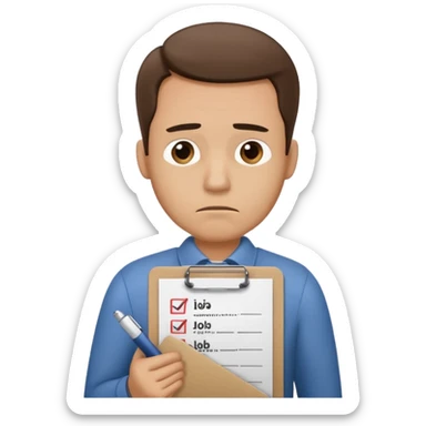 Man looking sad while holding a clipboard with a checklist that has a heading that says job application  sticker