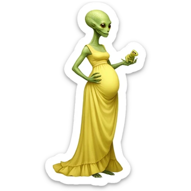 Pregnant reptilian alien woman, full body, in victorian jellow elegant dress sticker