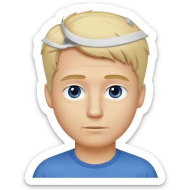 Crée l’emoji d’un homme blond , cheveux court mais un peu de cheveux sur le dessus , yeux bleus , nez avec une bosse, grain de beauté dans le cou. TEE shirt blanc  sticker