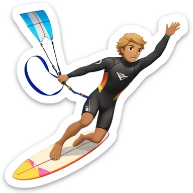 An athlete in a wetsuit riding a kiteboard, soaring over the waves with the kite high in the sky. The background features a vibrant blue sky and crashing ocean waves, capturing the thrill and freedom of kitesurfing in dynamic motion. sticker