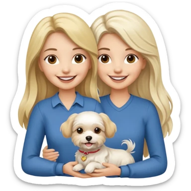 two women holding one Maltese dog one is brunette the other is blonde long haired  sticker