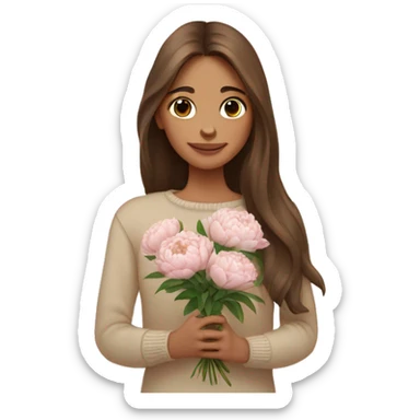 girl with long brown hair in beige sweater Holds a bouquet of peonies sticker
