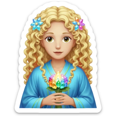 a being made of light pleidian nordic long faces and curly blond hair but beautiful features of light with a robe on made of light and who is lanky holding a bouquet of crystal flowers on rainbow fire sticker