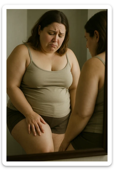 donna in leggero sovrappeso che si guarda allo specchio toccandosi la coscia grassa con espressione triste, IPERREALISTICA 4K sticker