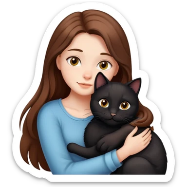A girl with long brown hair hugs a black cat tightly sticker