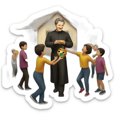 Don bosco playing with kids in the courtyard sticker