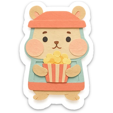 chibi popcorn machine-hamster hybrid, puffed cheeks, holding popcorn, soft pastel, full-body sticker