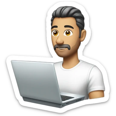 A man with a silver laptop, slick back and a white t-shirt sticker