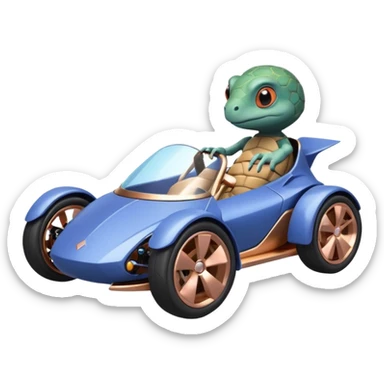 dark crystal blueberry and rosegold-accented cyber faceted-body electric racing car driven by a small cute alien relaxed turtle with rear spoiler, roll bar, and wheely bar sticker