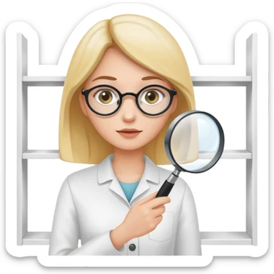 emoji of white empty shelf in perspective view with a standing woman nearby, she is looking at the shelfs with a magnifying glass sticker