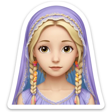 
mujer, Joven, de 25 aspecto dulce y elegante.
Piel clara, ojos grandes y expresivos, sonrisa triste.
Rubio o castaño claro, largo, con trenzas o velo.
Vestido largo cubriendole los zapatos, çde tonos suaves (blanco, azul o lavanda), con bordados dorados; toca fina cubriendo la cabeza. sticker