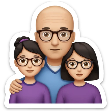 Papà calvo, mamma capelli neri occhi marroni, figlia capelli marroni mossi e occhiali tartarugati con montatura spessa occhi marroni, figlia capelli lisci marroni occhiali neri con montatura grande e fina occhi marroni  sticker