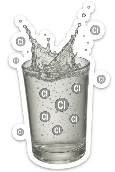 un bicchiere di acqua cade verticalmente dall'alto realistico e dettagliato, dentro l'acqua del bicchiere ci sono particelle di cloro ben visibili con la scritta "Cl" sopra, ci sono particelle anche che escono dal bicchiere e fluttuano in aria verticalmente, mentre alcune sono all'interno dell'acqua nel bicchiere, iperrealistico 4k sticker