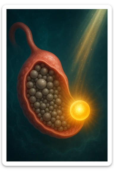 Scientific visualization of a polycystic ovary transforming. The ovary, initially filled with many small, dormant follicles like a cluster of grey pearls, begins to be nurtured. A focused, gentle light and nutrient-rich energy encourage one dominant follicle to mature and glow with a healthy, golden light, symbolizing successful preparation. sticker