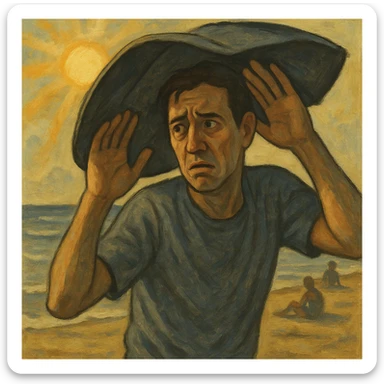 Create a symbolic, semi-realistic outdoor scene (beach or park) featuring a man with expressive, worried body language. The man is raising his hands or using an umbrella or large hat to block natural, warm sunlight. He looks uncomfortable or fearful, as if trying to protect himself from the sun. Use muted colors and an expressive, semi-realistic style symbolizing misunderstanding about sunlight and health. Use the reference image for facial features and general appearance. sticker
