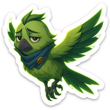 Add a glowing aura to the detailed anime style green bird inspired by Valorant agent Falko, flying and looking sad, with no background. Preserve the detailed anime style and the green bird's characteristics. sticker