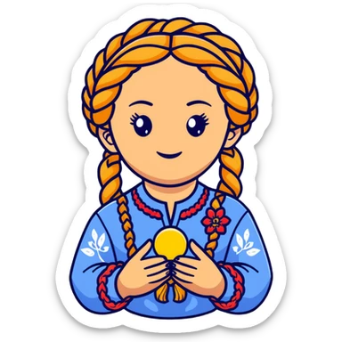 Ukrainian young girl with braided hair wearing traditional vyshyvanka embroidered shirt holding the sun in her hands sticker