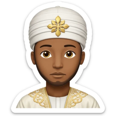 Muslim Black man of West African origin, deep brown skin, dressed in a white bazin riche with embroidery, kufi cap, standing in a warm sunset atmosphere, calm and spiritual look, photo realistic, cinematic lighting, 4K, high detail. sticker