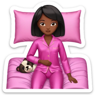 Dark skin Black barbie, short  black bob  hair, pink pajamas in bed sleeping  sticker